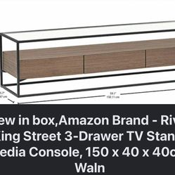 New in box,Amazon Brand - Rivet King Street 3-Drawer TV Stand/Media Console, 150 x 40 x 40cm, Waln