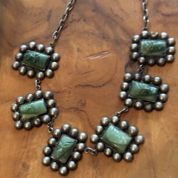 Vintage sterling silver etched stone necklace 