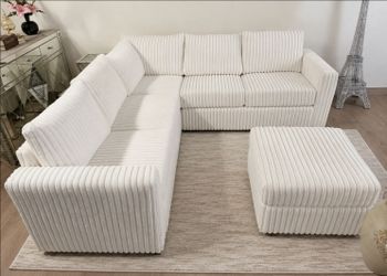 Brand New Milk Color Fur Like Corduroy Sectional Sofa +Ottoman (New In Box)