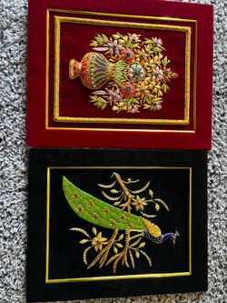 Pair of Luxury Framed Zardozi Jewel Tapestries (13x16) – Hand-Embroidered Velvet Art Sourced from Agra, India