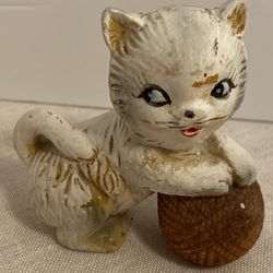 Vintage 1950s Cat Chadwick white porcelain kitten figurine playing with ball MCM