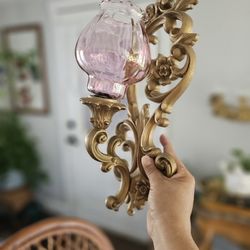 Mid-Century Modern Syroco Wall Gold Scroll Candle Sconces  With Pink Globes 