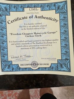 Bradford Exchange Freedom Choppers Cuckoo Clock COA