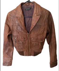 TOPSHOP Brown Leather Bomber Jacket Vintage SZ 10 Front Pockets Lined Soft Y2K