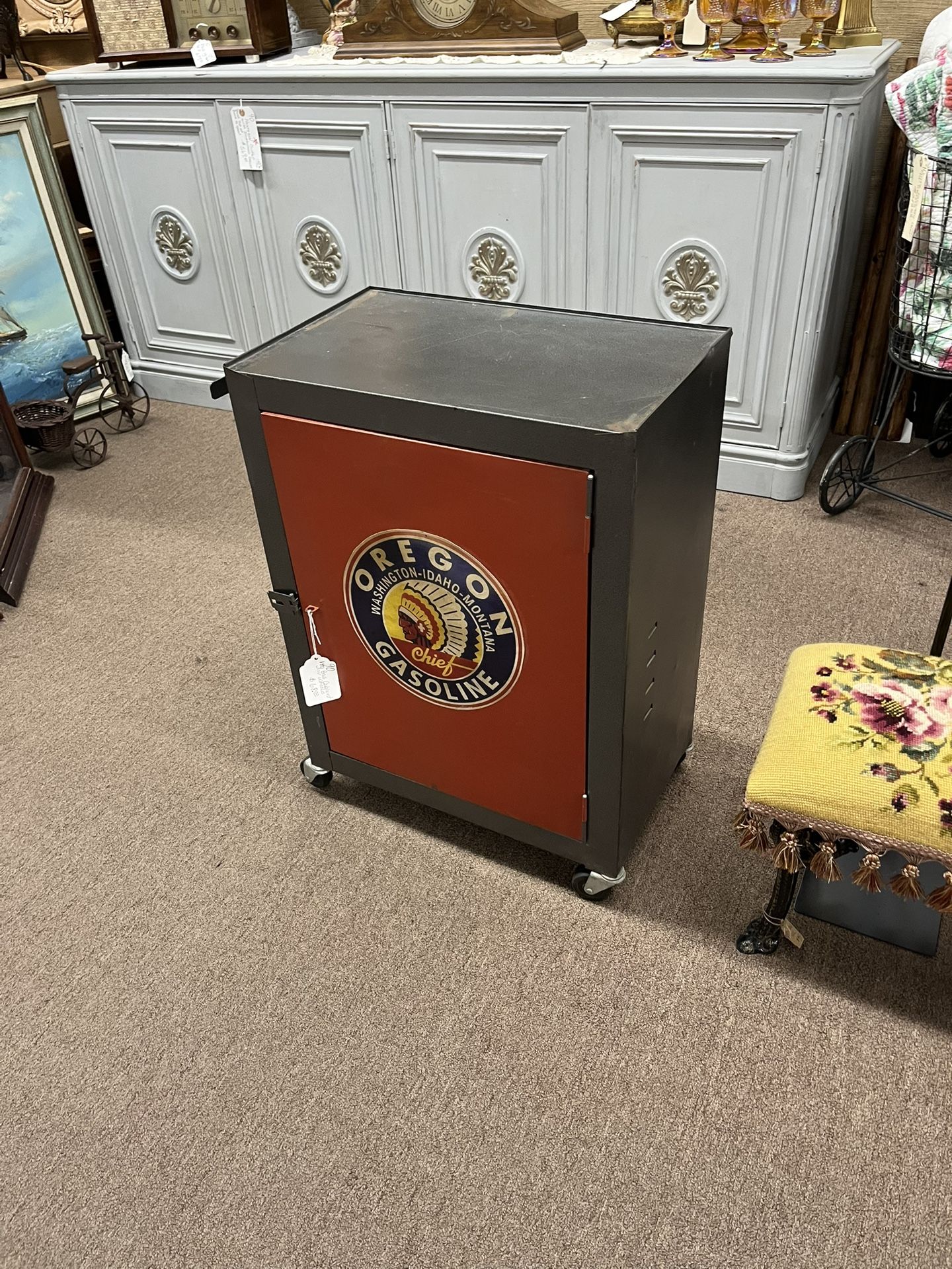 Vtg gas cabinet on wheels metal