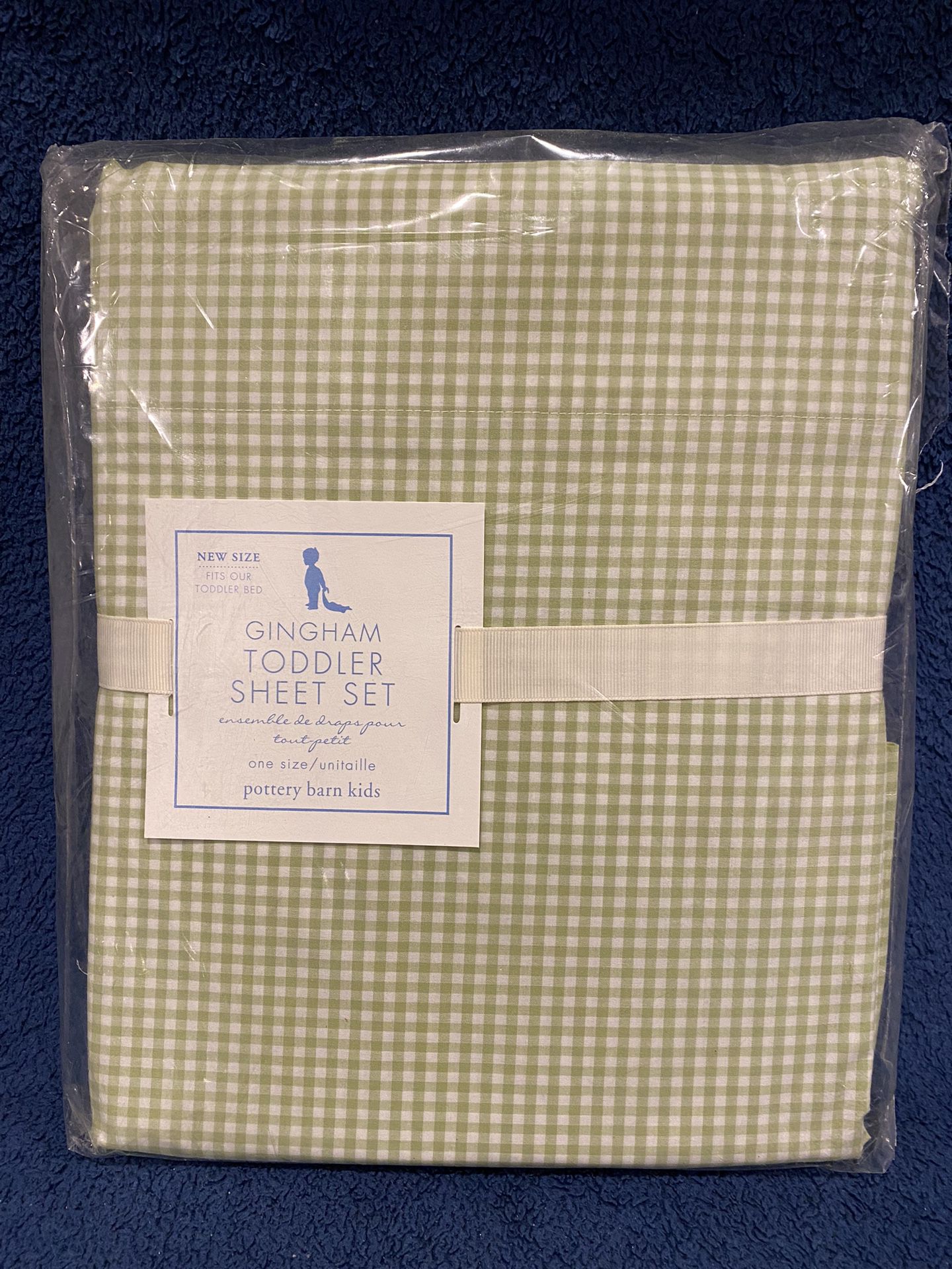 NEW Pottery Barn Kids Sage Green Gingham Toddler Sheet Set. Includes Flat, Fitted and Pillow Case 100% Cotton Made in Portugal 