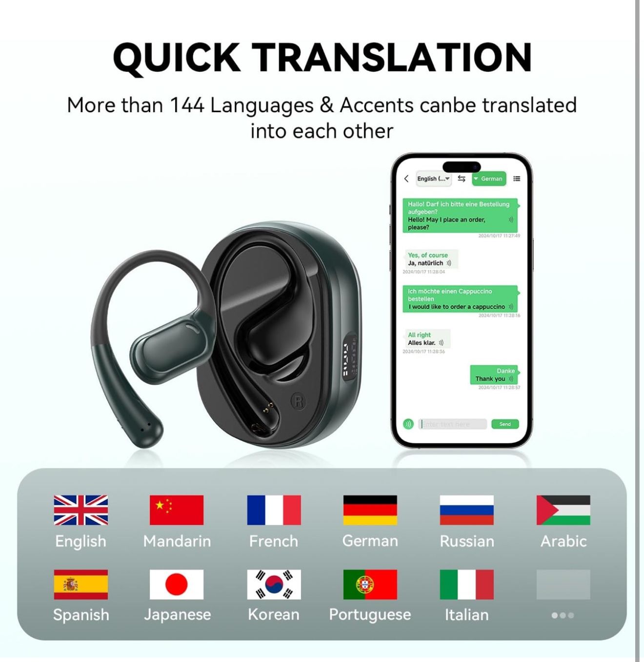 Language Translation Earbuds, AI Translation Earbuds Real Time with 144 Languages & Accents Online, Translator Device with APP Support Music and Calli