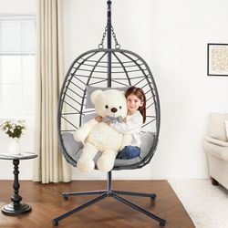 Hanging Egg Chair with Stand, Outdoor Indoor Egg Swing Chair with Cushion Headrest, Rattan Wicker Egg Chair with Dual Chains, 350LBS Capacity for Pati