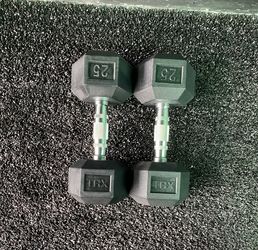NEW- 25LB HEX HEAD DUMBBELLS-SOLID WELDED STEEL DUMBBELLS, RUBBER COATED