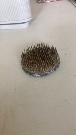 Vintage round Cast Metal Spike Flower Frog Display 3 1/8" x 1 7/8