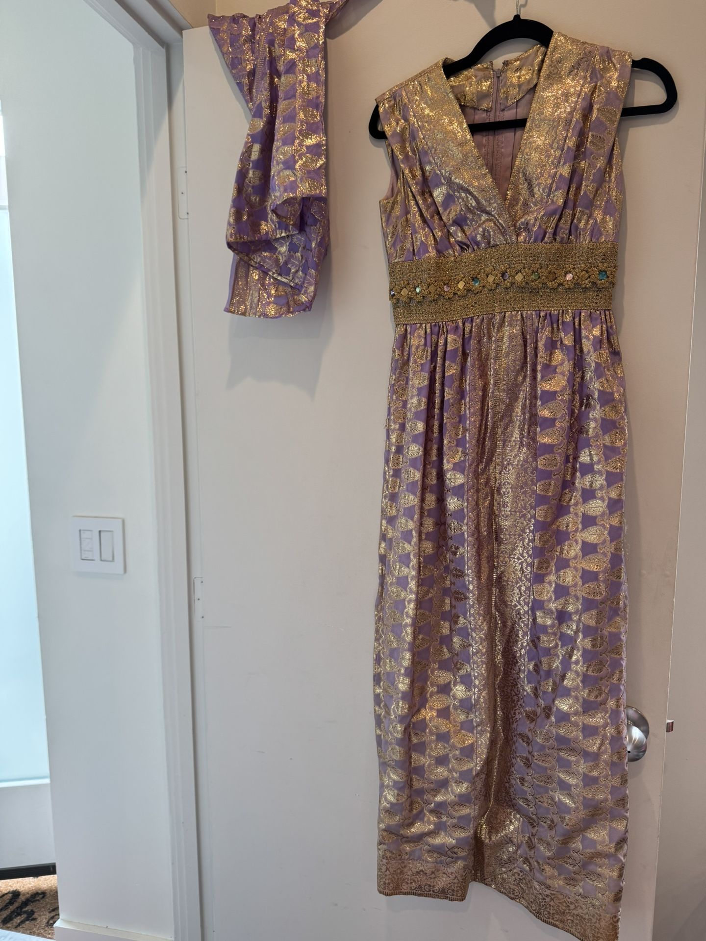 Elegant Purple and Gold Women's Dress with matching scarf. Incredible vintage