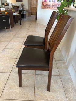 Wood Dining Table and Chairs with Leather Seats – Set of 4