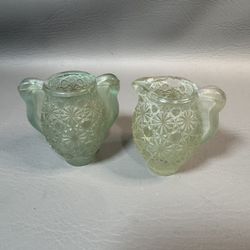 VNTG L.E. Smith Green Daisy Button Miniature Sugar Creamer Set Toothpick Holders Creamer has chipping as shown in pics