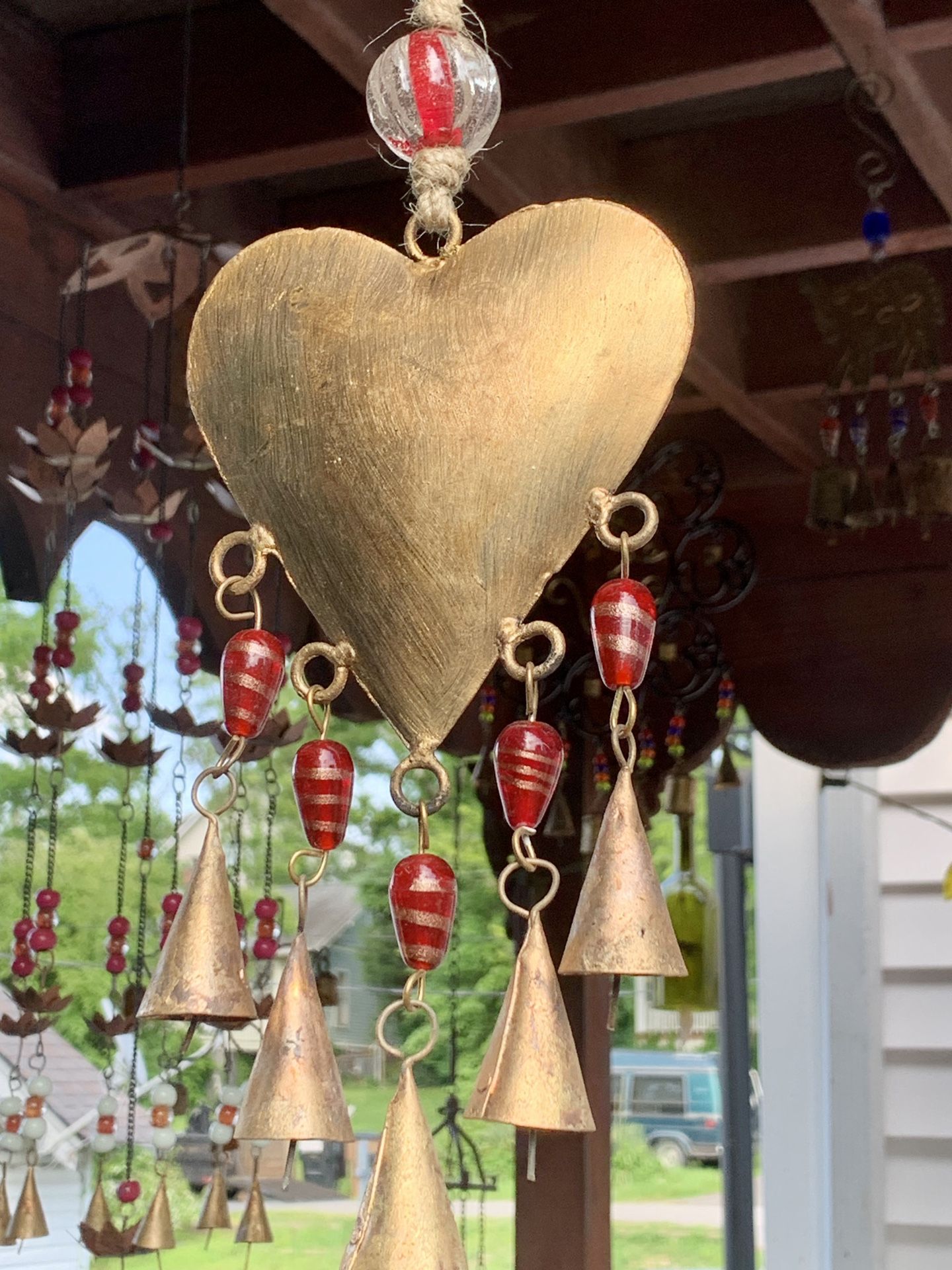 Brass Heart & Red Stained Glass Beads Cone Rustic Bells Wind Chime