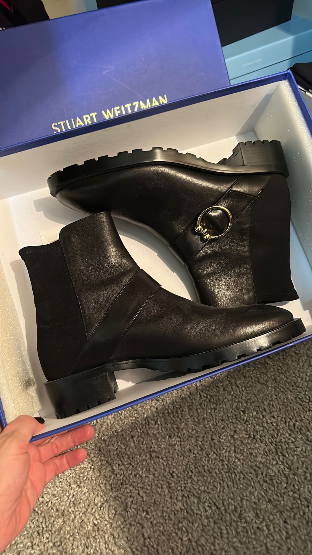 Stuart Weitzman US Size 8.5 Boots Luxering Black Leather Booties Spain New