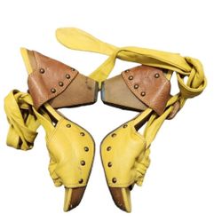 Miss Sixty Size 37.5 Yellow Tie Up Chunky Wooden Studded Heels