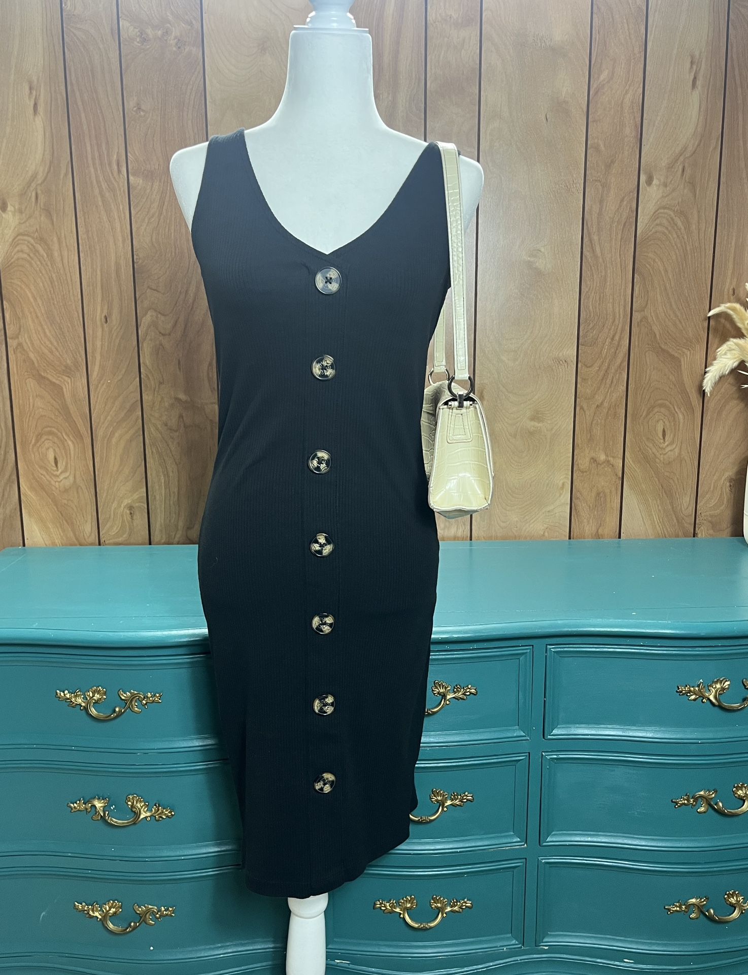 BLACK RIBBED BUTTON UP BODY CON DRESS