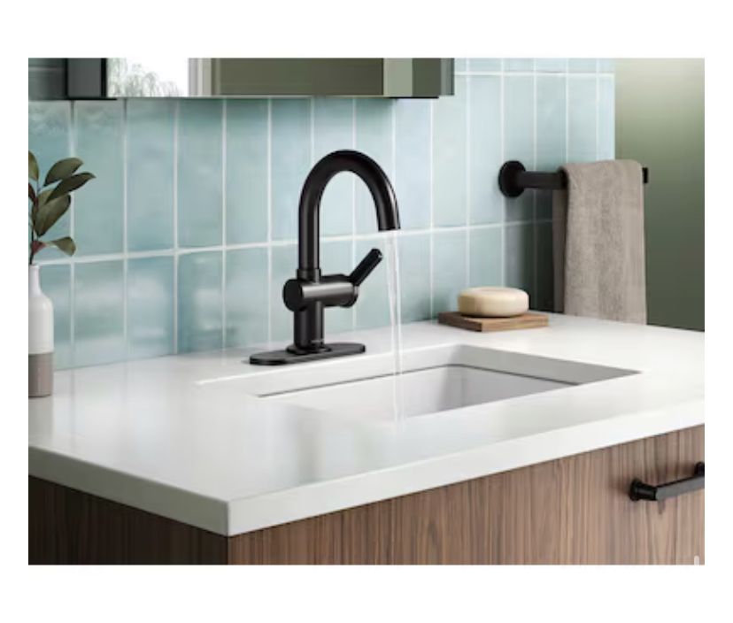 KOHLER Premise Matte Black Single hole 1-handle WaterSense High-arc Residential Handle Bathroom Sink Faucet with Drain with Deck Plate
