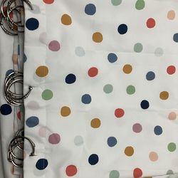 Target Pillowfort Fabric 72”x72” Shower Curtain Polka Dot Pastel Colors plus white Liner & 12 Metal rings EC