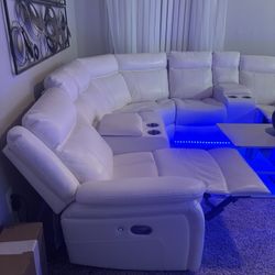 White Leather Sectional Recliner With LED lights