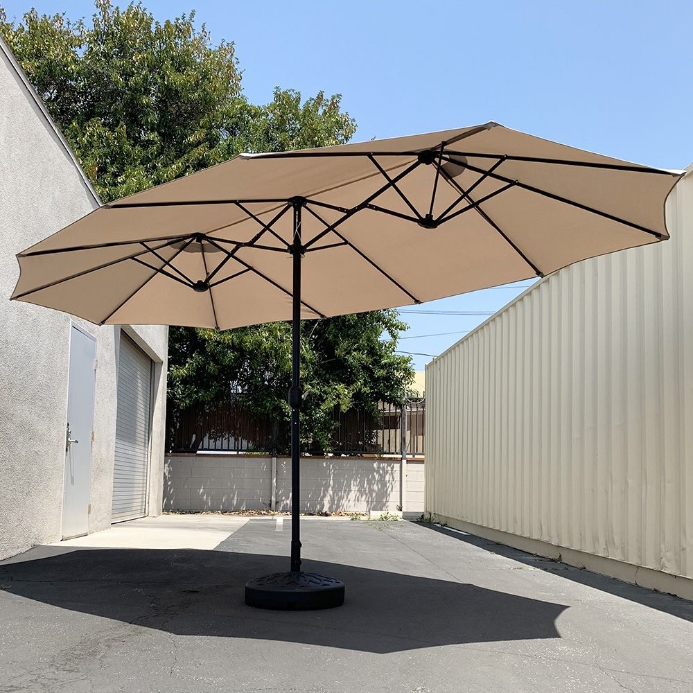 New $115 Large 15 FT Double Sided Outdoor Umbrella with 65 LBS Plastic Weight Base (Beige color) 