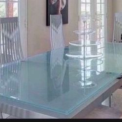 Heavy Made In Italy Modern Frosted Glass Dining Table And Chairs, Expandable To 8 Seater (middle Elevated A Silver Platform )