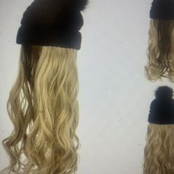 Black Pom Beanie Hat With Blonde Removable Hair Extension 