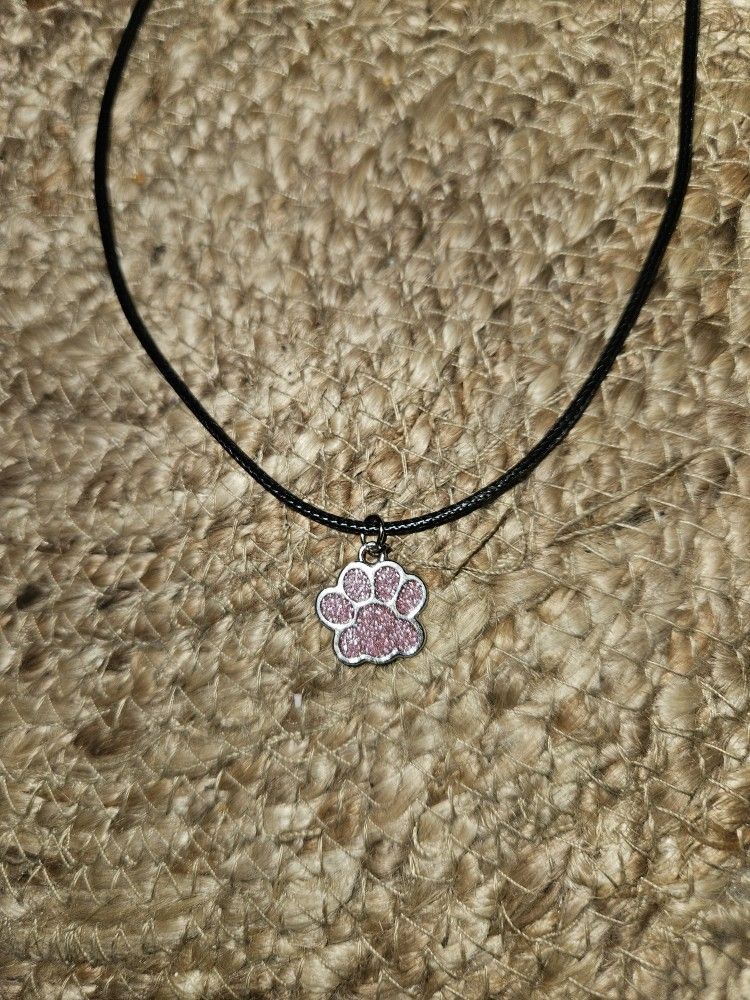 Necklace With Glitter Pink Dog Cat Paw Charm