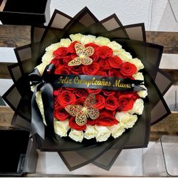 bouquet of buchon flowers, big bear and chocolates