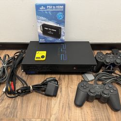 Sony PS2 Playstation 2 with 2 controllers, memory card & HDMI converter