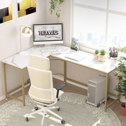 Teraves Reversible L Shaped Desk White - 66.1" Corner Gaming Computer Desk, Office Workstation Modern Home Study Writing Table, Marble Gold