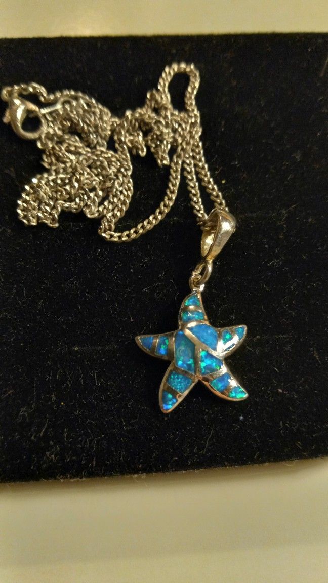 925 Sterling Silver Blue Opal Starfish 3/4" Pendant & Silver Chain