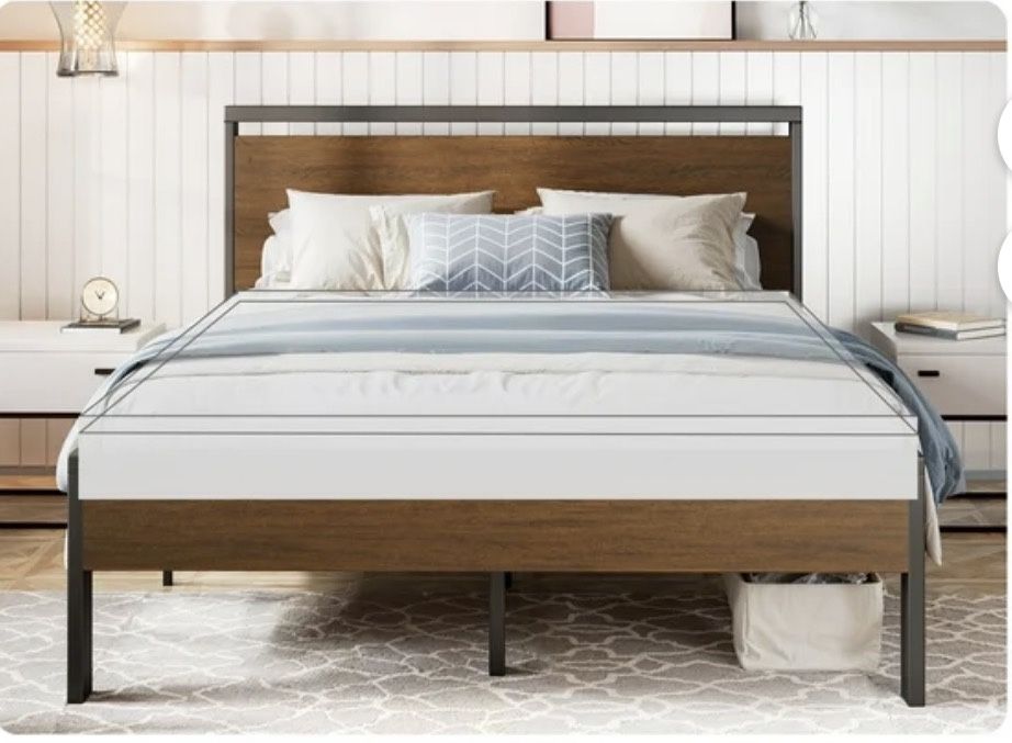 Queen Size Bed Frame, Heavy Duty Metal Platform Bed with Wooden Headboard & Footboard, Walnut