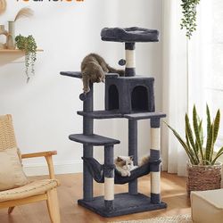 Feandrea Cat Tree, 56.3-Inch Cat Tower for Indoor Cats, Multi-Level Cat Condo with Scratching Posts, Perches, Hammock and Cave, Smoky Gray UPCT161G01