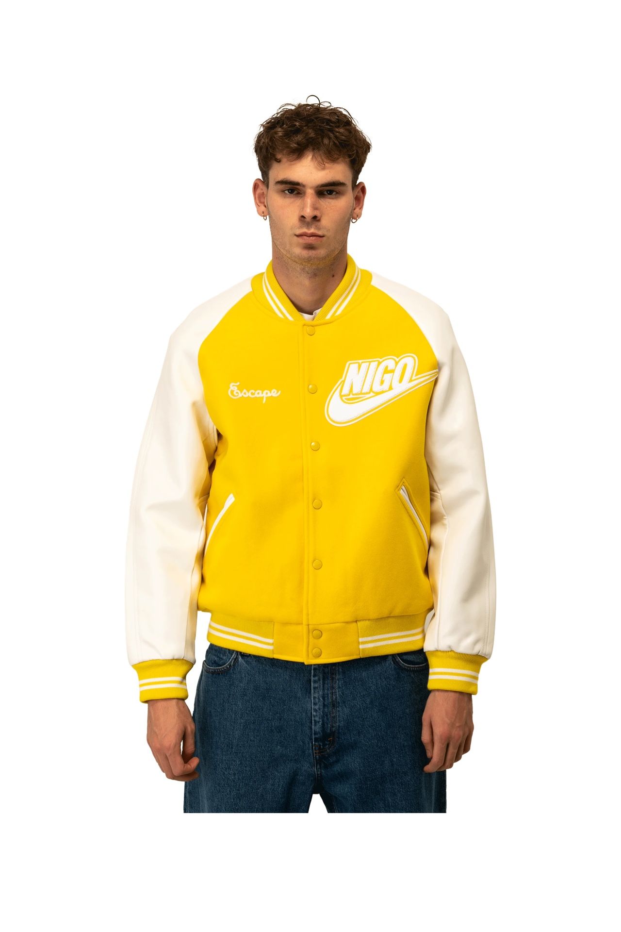 $616 NEW NIKE MENS XL Nigo Varsity Football Jacket Yellow White Big Swoosh