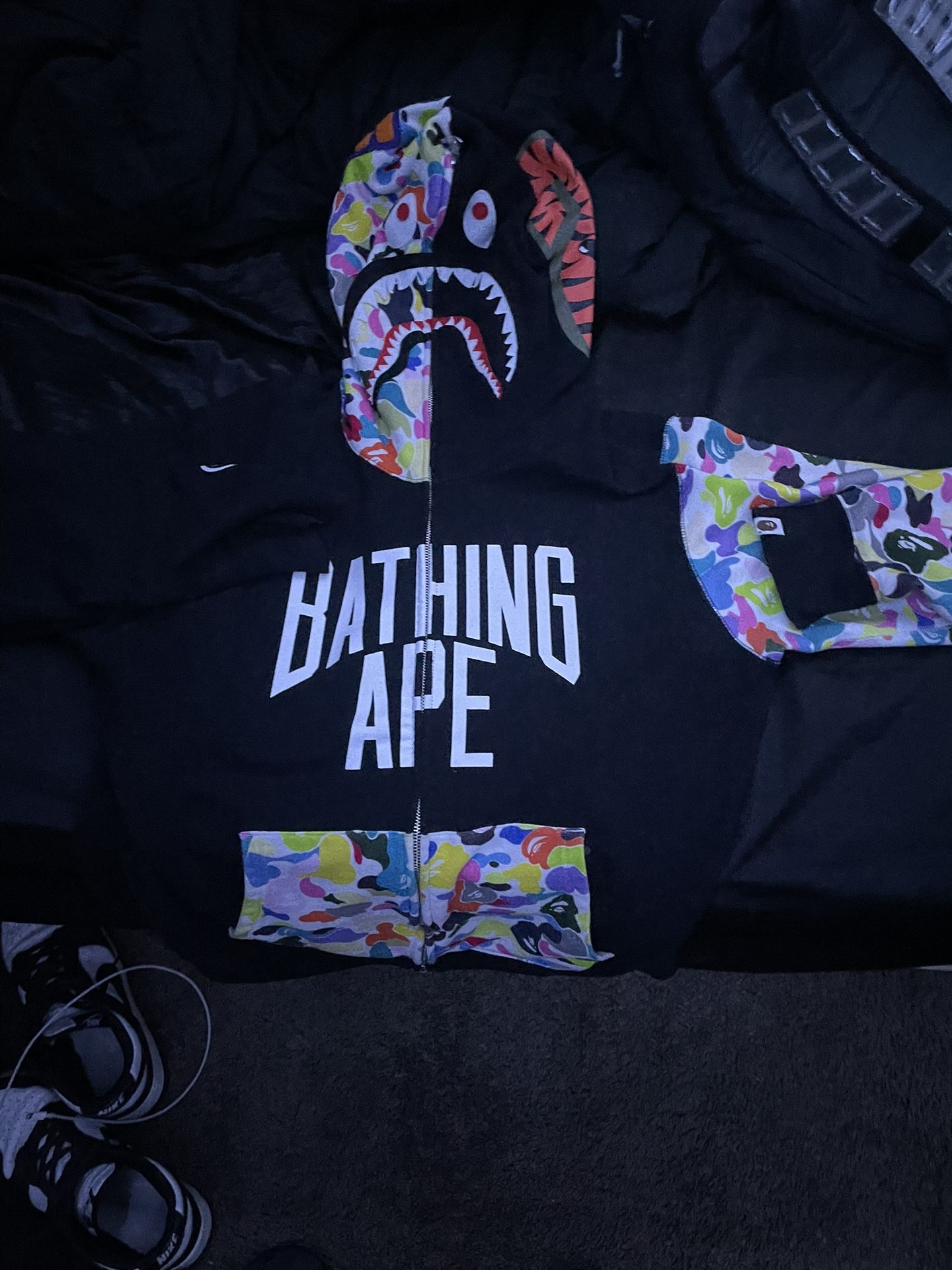 BLACK AND MULTICOLORED BAPE HOODIE