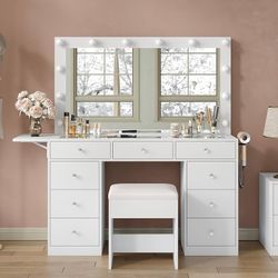 Makeup Vanity with Mirror and 12 LED Lights, 9 Drawers Makeup Table with Fold-up Panel,