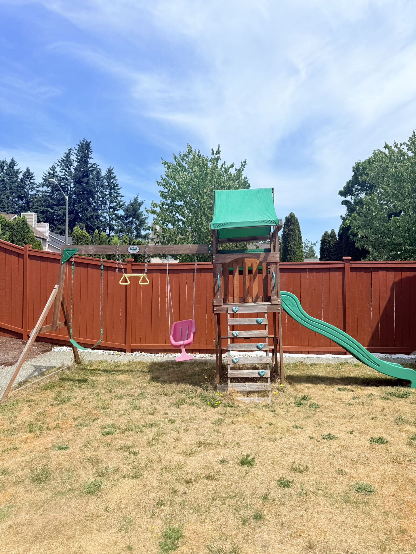 Wood Swing Set With Wave Slide, Play Deck, Rock Wall Ladder,Belt Swings , Canopy Roof