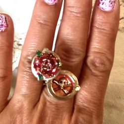 Raised Rose Skull & Bones Ring Size 8 with Secret Compartment White & Red Enamel 