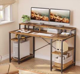 55 in. Rustic Brown Computer Desk with Monitor Stand and Adjustable Storage Shelves