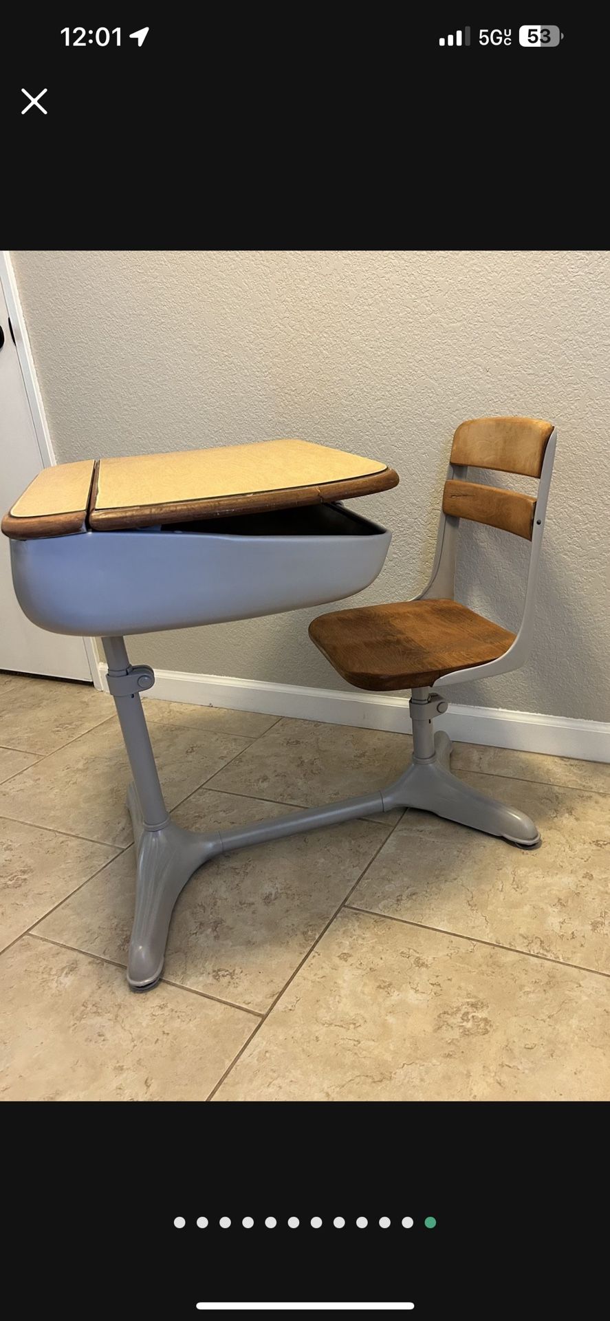 Farmhouse Style Kids Furniture School Desk Vintage Wood Metal Children’s Desk Attached Chair 