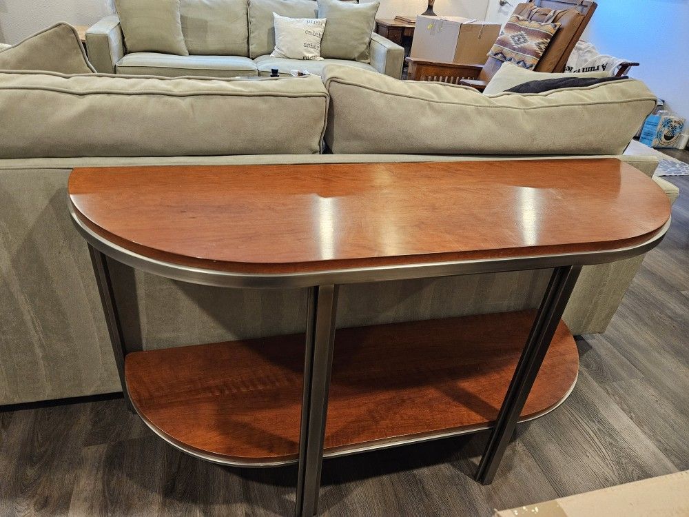 Modern Cherry and Satin Steel Console Table