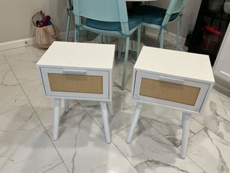Two Rattan Nightstands, modern bedsides one for $15 both for $25 one table the door needs a screw