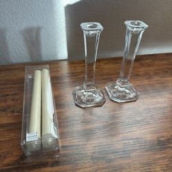 Candlestick Holder Tall Pillar Column Crystal Clear Glass 7” w/ Electric Candles x2