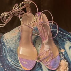 snake holographic clear block heels