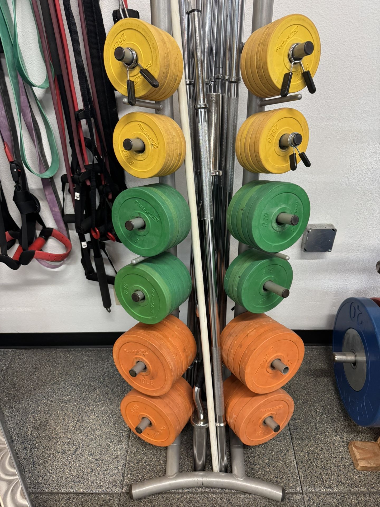 Reebok Olympic Bumper Plate Set with 8 Bars & Storage Rack – Commercial Quality