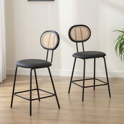 Brand New Open Box Lue Bona Rattan Counter Bar Stools and Faux Leather Seats (Set of 2) (Black)