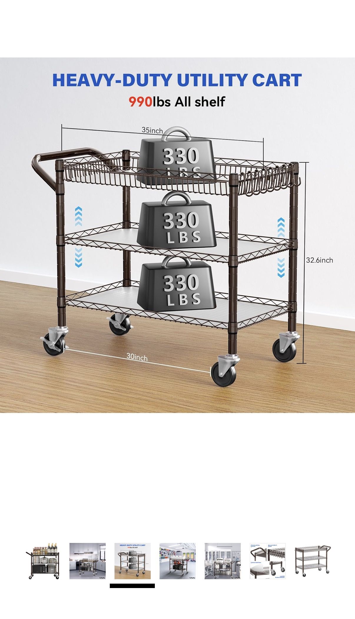 YNN Utility Rolling Cart,990Lbs 3 Tier Heavy Duty Metal Cart with Wheels & Handle NSF Wheeled Cart 31" D x 18" W x 33" H for Bedroom, Bathroom, Kitche