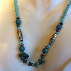 Liz Clairbone Nugget Turquoise And Silver Tone Beaded Necklace 19.5”