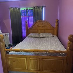 Solid Wood Queen Bed Frame, Mattress And Box Springs 